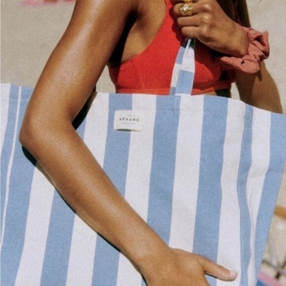 Sezane Exclusive Limited Edition Blue & White Striped Beach Tote NEW - Picture 1 of 5